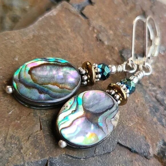 NEW Abalone Earrings With Sterling Silver Leverback Earwires - Picture 4 of 9